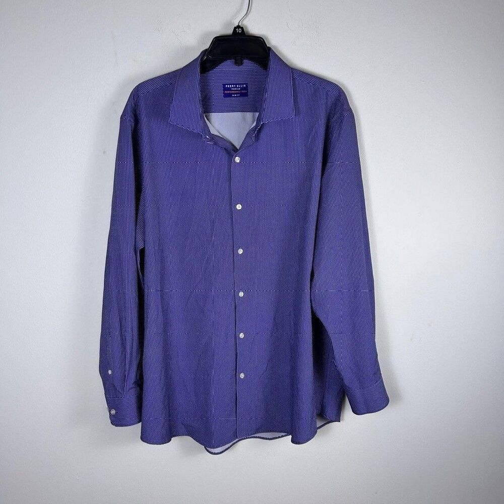 Perry Ellis Premium Performance Tech Shirt Mens 17.5 34/35 Slim Fit Blue Pattern